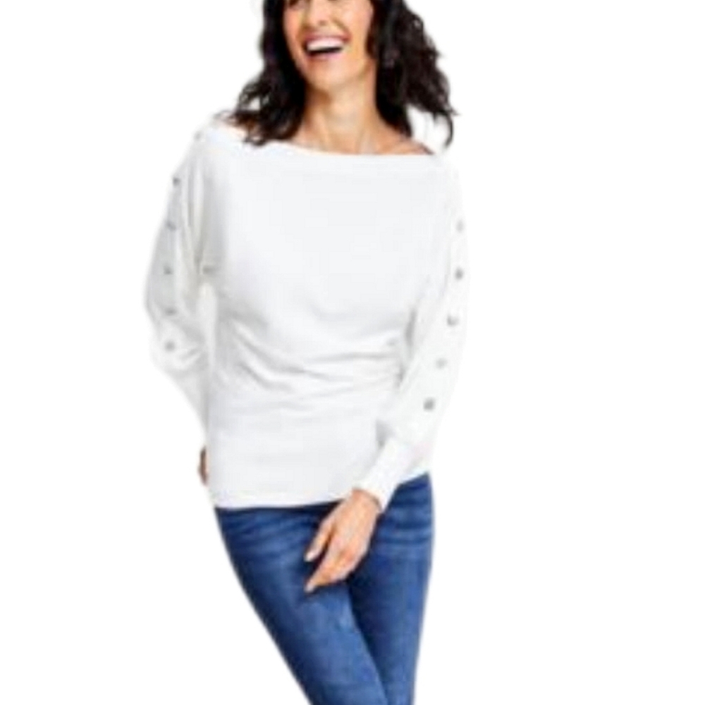 I.N.C. International Concepts Rhinestone Button Off Shoulder Rib Sweater White